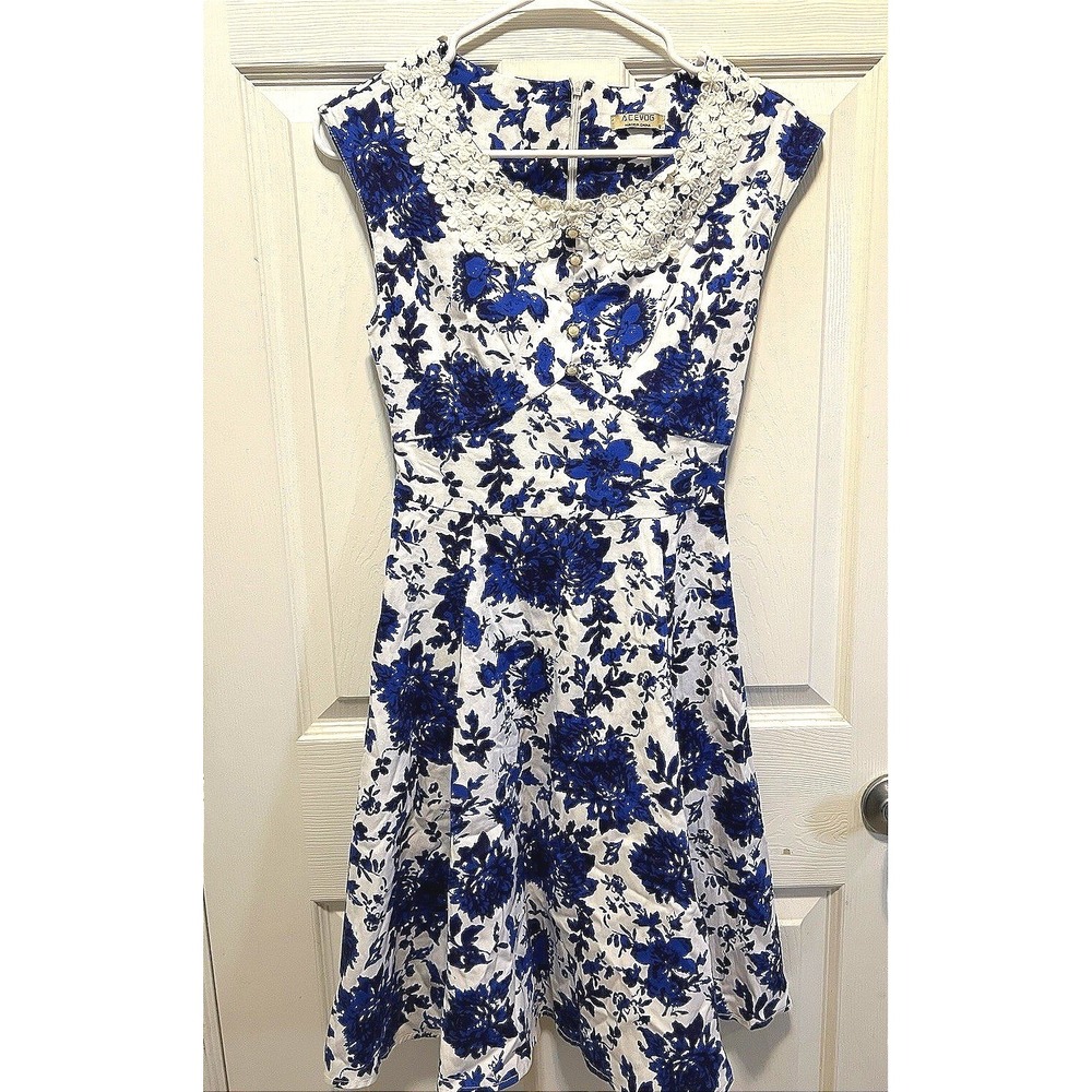 ACEVOG Blue White Floral Toile‎ Fit Flare Dress Crochet Lace Collar Retro Pinup